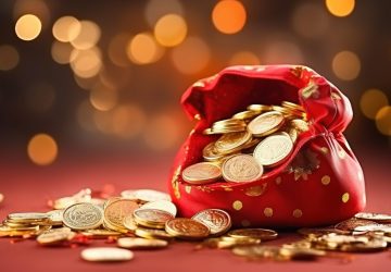 Chinese new year decorations made from red packet and gold ingots or golden lump. Chinese characters on the object means to fortune, good luck, wealth, and money flow