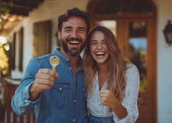 A joyful young couple standing at the entrance of their new house, both showing a key with excited expressions, the front porch and door behind them, financed through SMSF