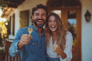 A joyful young couple standing at the entrance of their new house, both showing a key with excited expressions, the front porch and door behind them, financed through SMSF