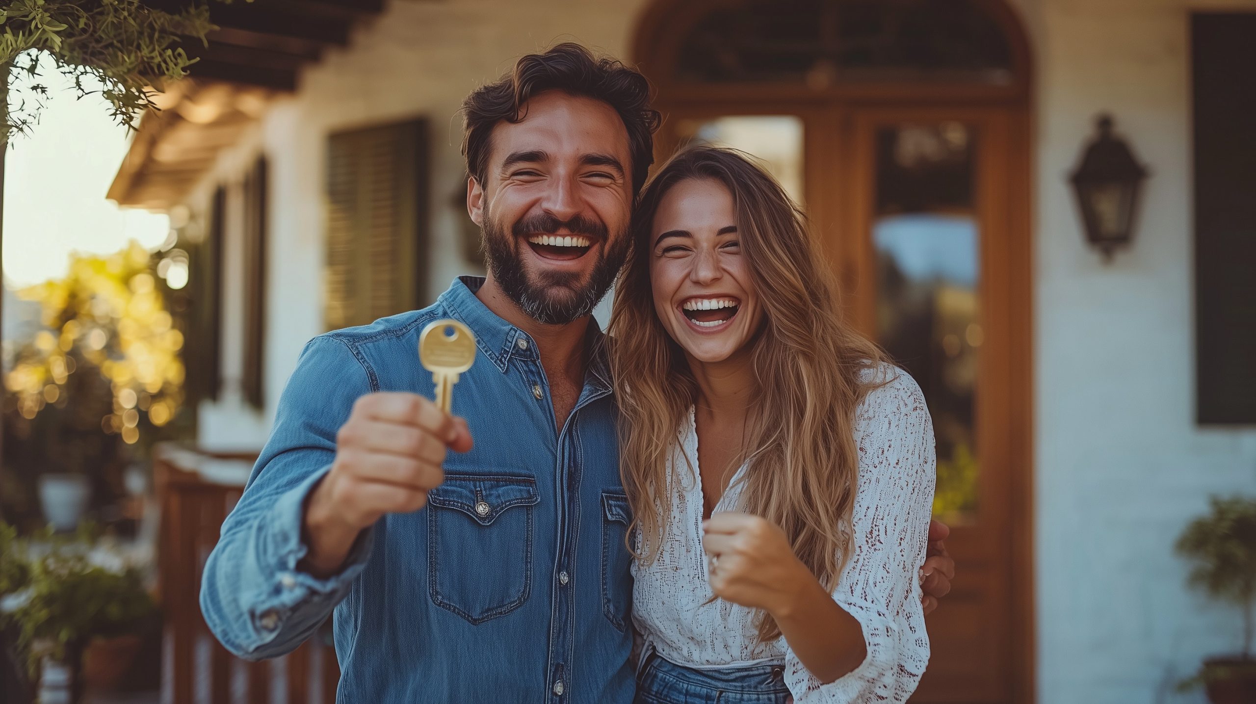 A joyful young couple standing at the entrance of their new house, both showing a key with excited expressions, the front porch and door behind them, financed through SMSF